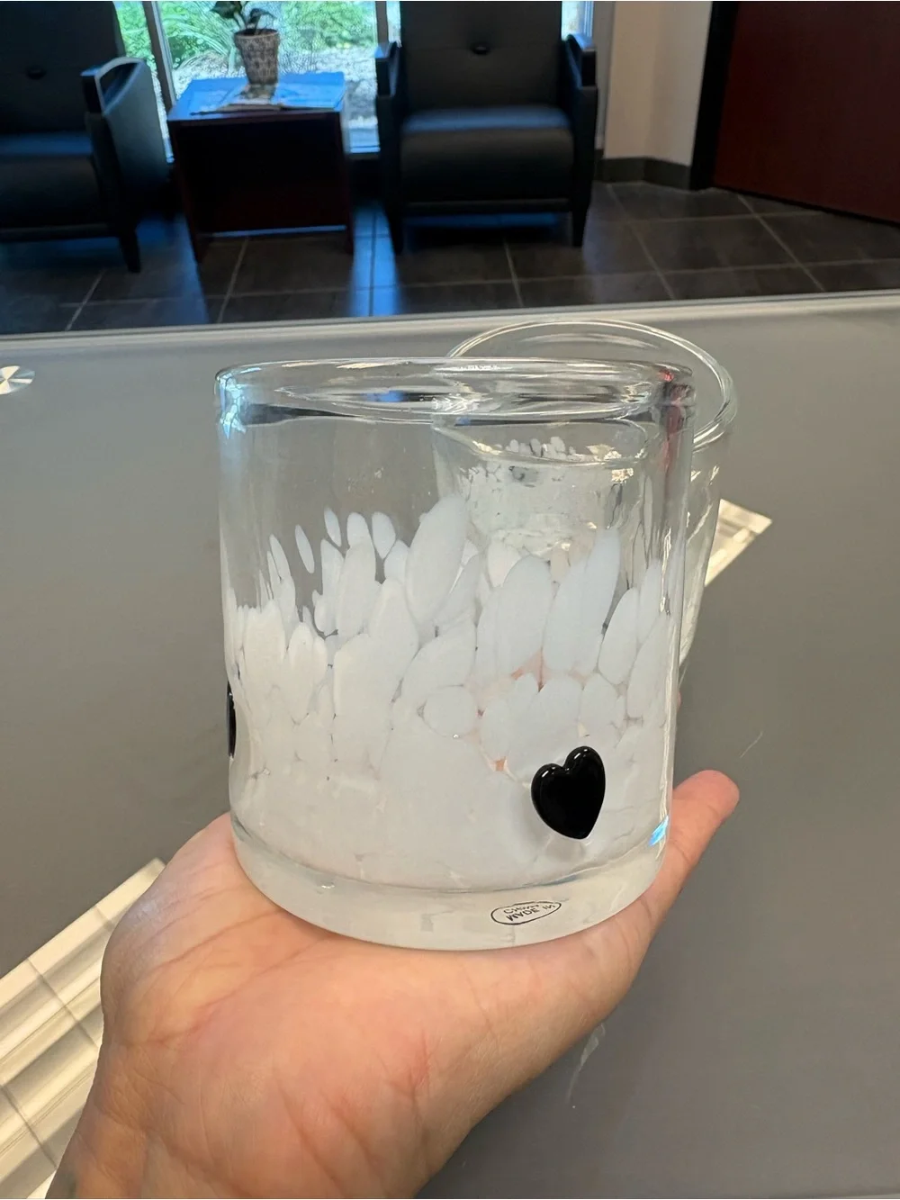 Clear Glass cups with Black Heart Accent - White Speckle